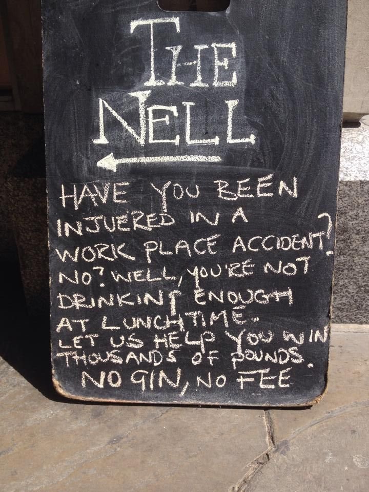 Have you been injured in a work place accident? No? Well, you're not drinking enough at lunchtime. Let us help you win thousands of pounds. No gin, no fee.